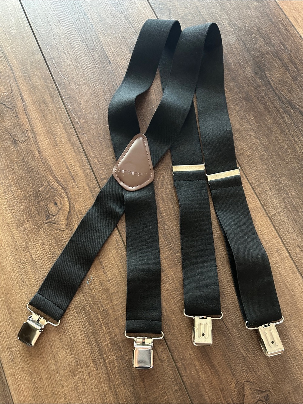 Carhartt Black Heavy Duty Adjustable Elastic Suspenders Brown Leather X-Back